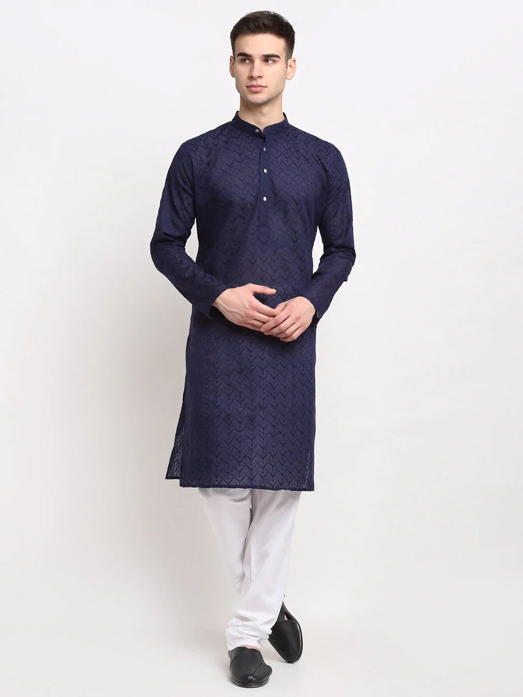 Jompers Men's Navy Blue Chikan Kurta with Churidar | Grocsy