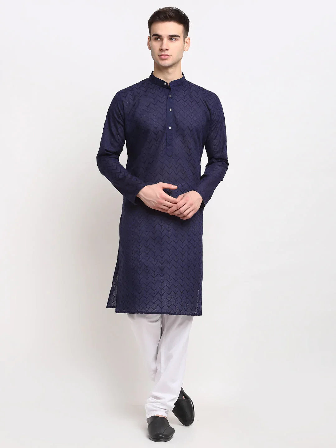 Jompers Men's Navy Blue Chikan Kurta with Churidar | Grocsy