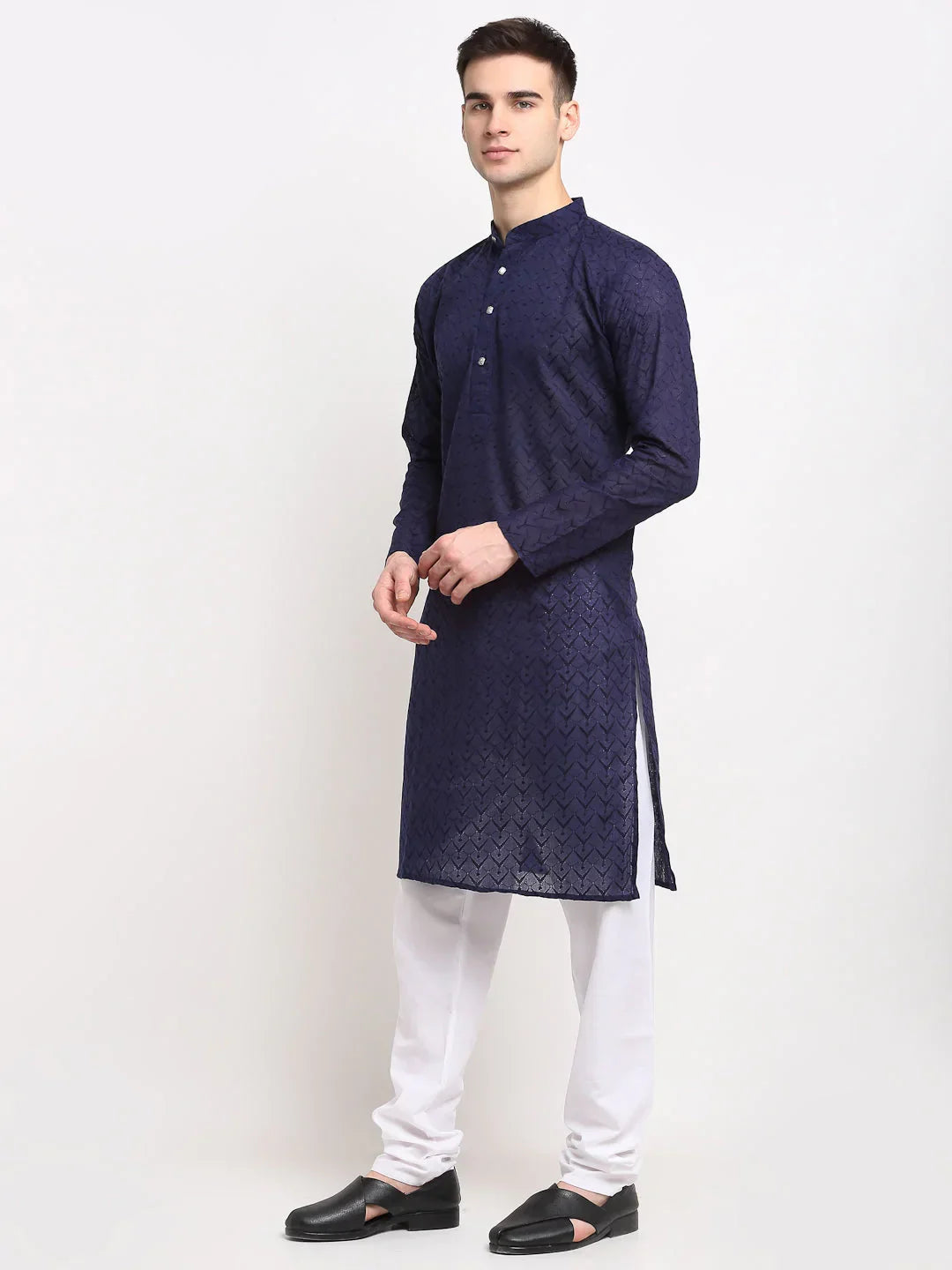 Jompers Men's Navy Blue Chikan Kurta with Churidar | Grocsy