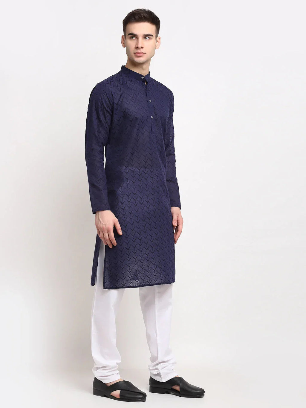 Jompers Men's Navy Blue Chikan Kurta with Churidar | Grocsy