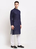 Jompers Men's Navy Blue Chikan Kurta with Churidar | Grocsy