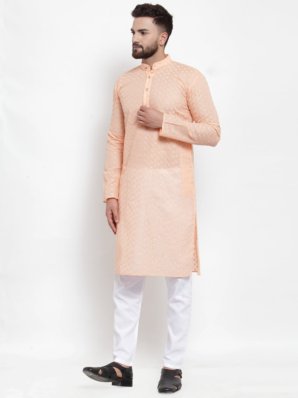 Jompers Men Orange Chikan Kurta with Churidar | Grocsy