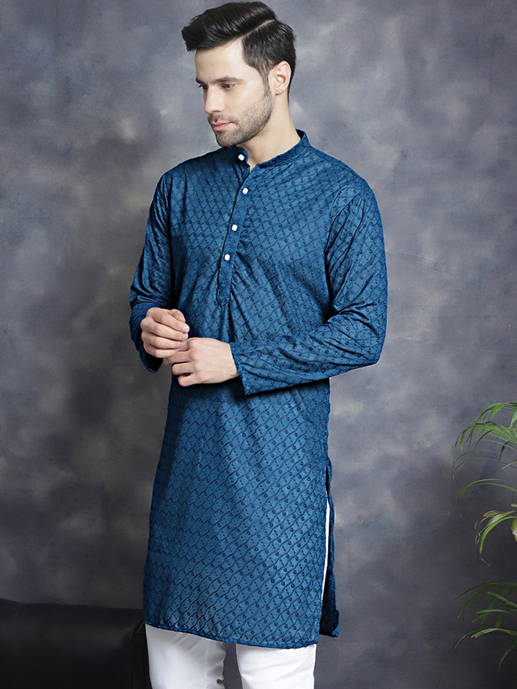 Jompers Men's Chikankari Pure Cotton Kurta - Peacock | Grocsy