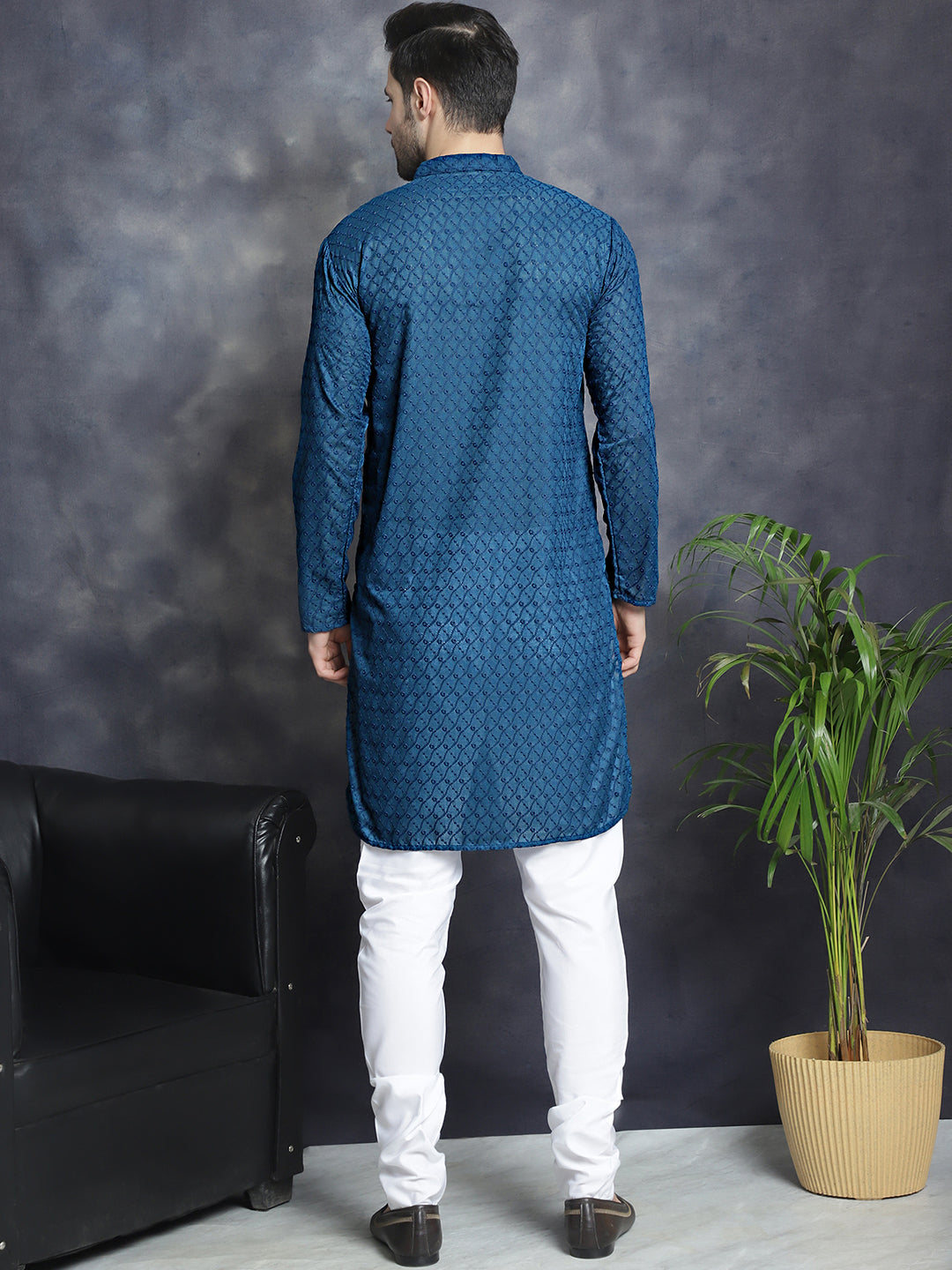 Jompers Men's Chikankari Pure Cotton Kurta with Churidar - Peacock | Grocsy