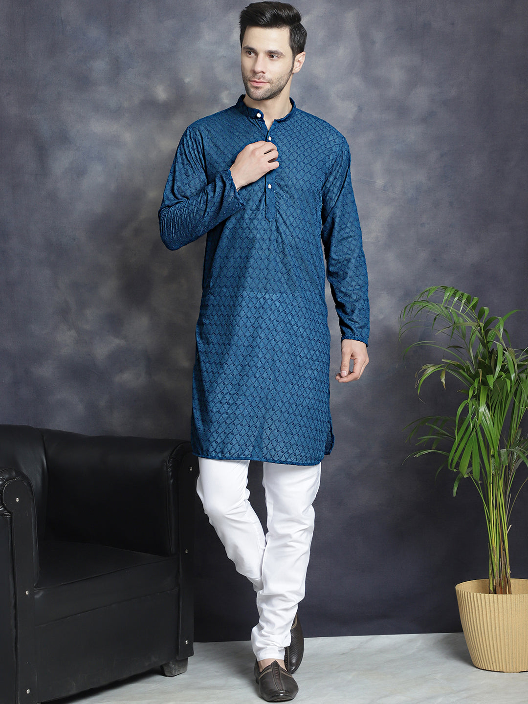 Jompers Men's Chikankari Pure Cotton Kurta with Churidar - Peacock | Grocsy