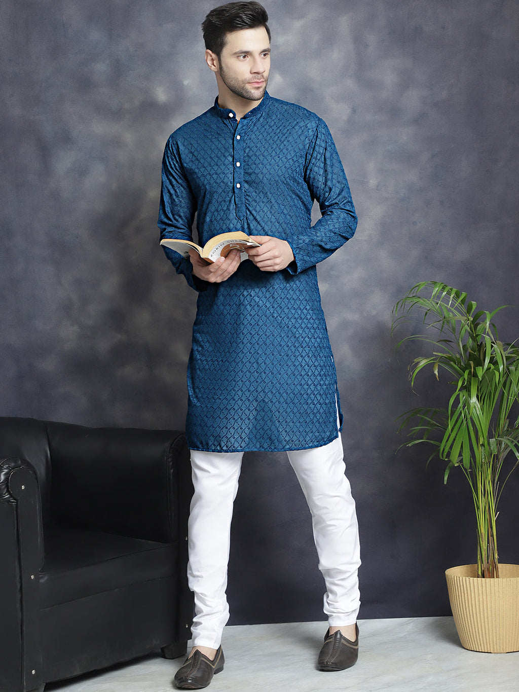 Jompers Men's Chikankari Pure Cotton Kurta with Churidar - Peacock | Grocsy
