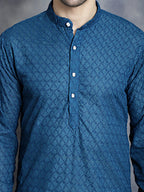 Jompers Men's Chikankari Pure Cotton Kurta - Peacock | Grocsy