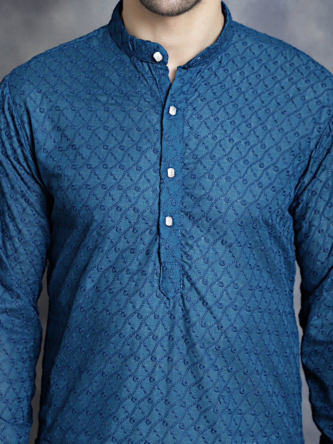 Jompers Men's Chikankari Pure Cotton Kurta - Peacock | Grocsy