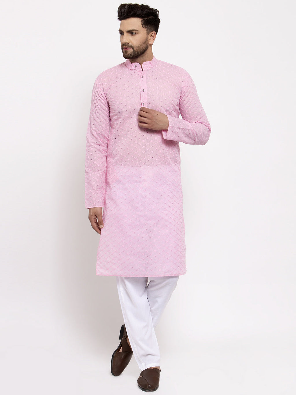 Jompers Men Pink Chikan Kurta with Churidar | Grocsy