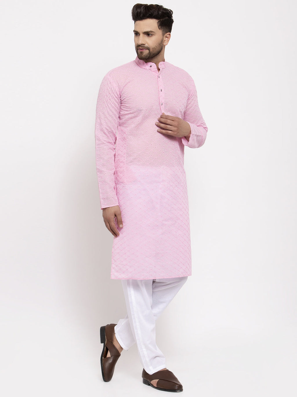 Jompers Men Pink Chikan Kurta with Churidar | Grocsy