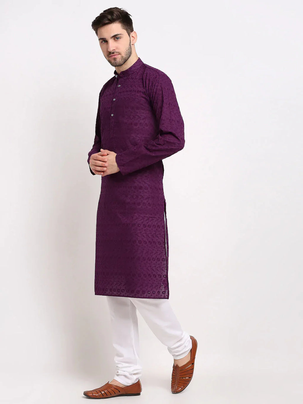 Jompers Men's Purple Chikan Kurta with Churidar | Grocsy