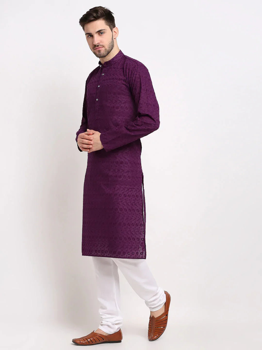Jompers Men's Purple Chikan Kurta with Churidar | Grocsy