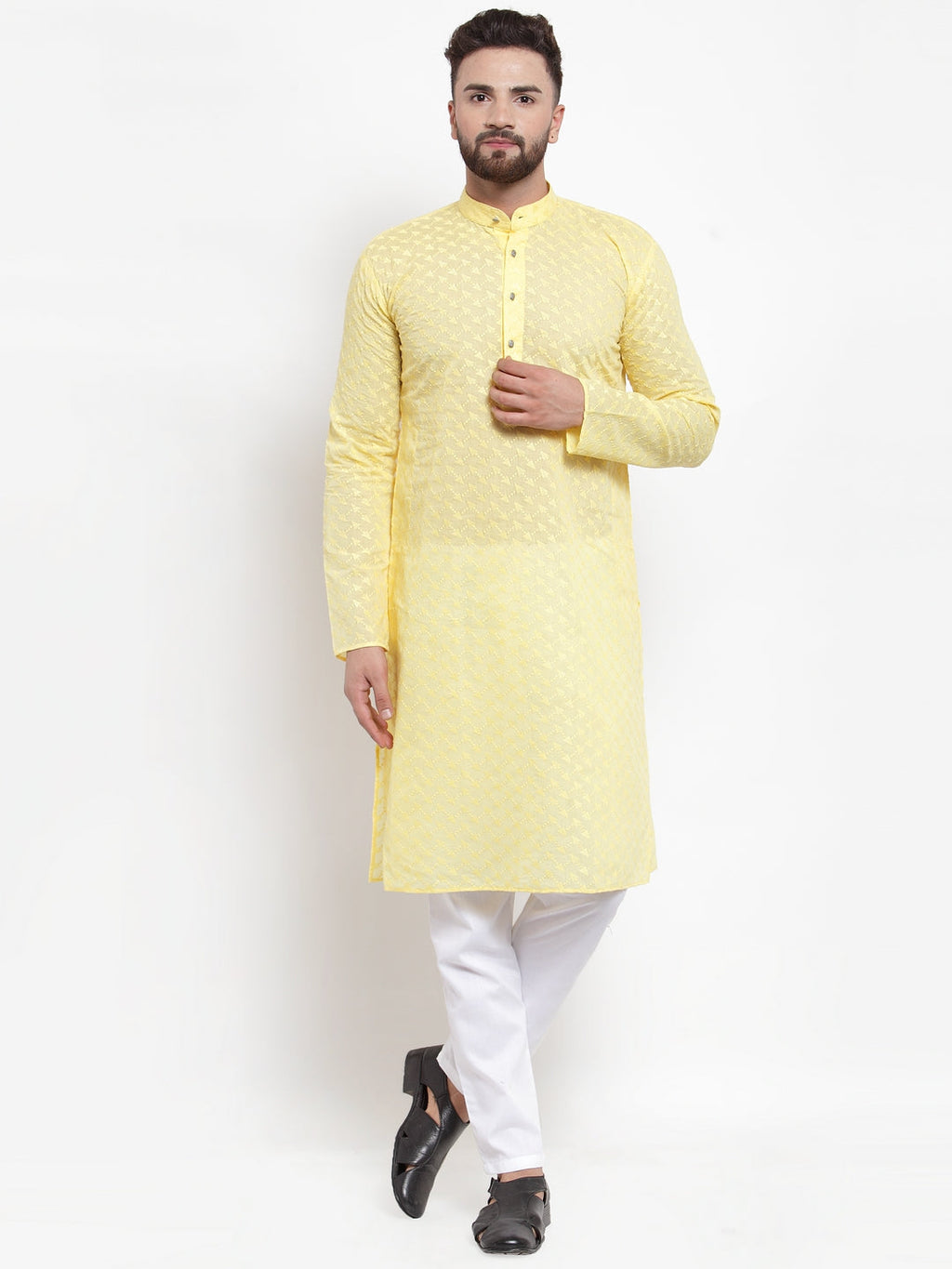Jompers Men Yellow Chikan Kurta with Churidar | Grocsy