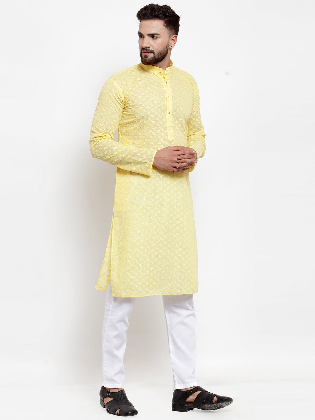 Jompers Men Yellow Chikan Kurta with Churidar | Grocsy