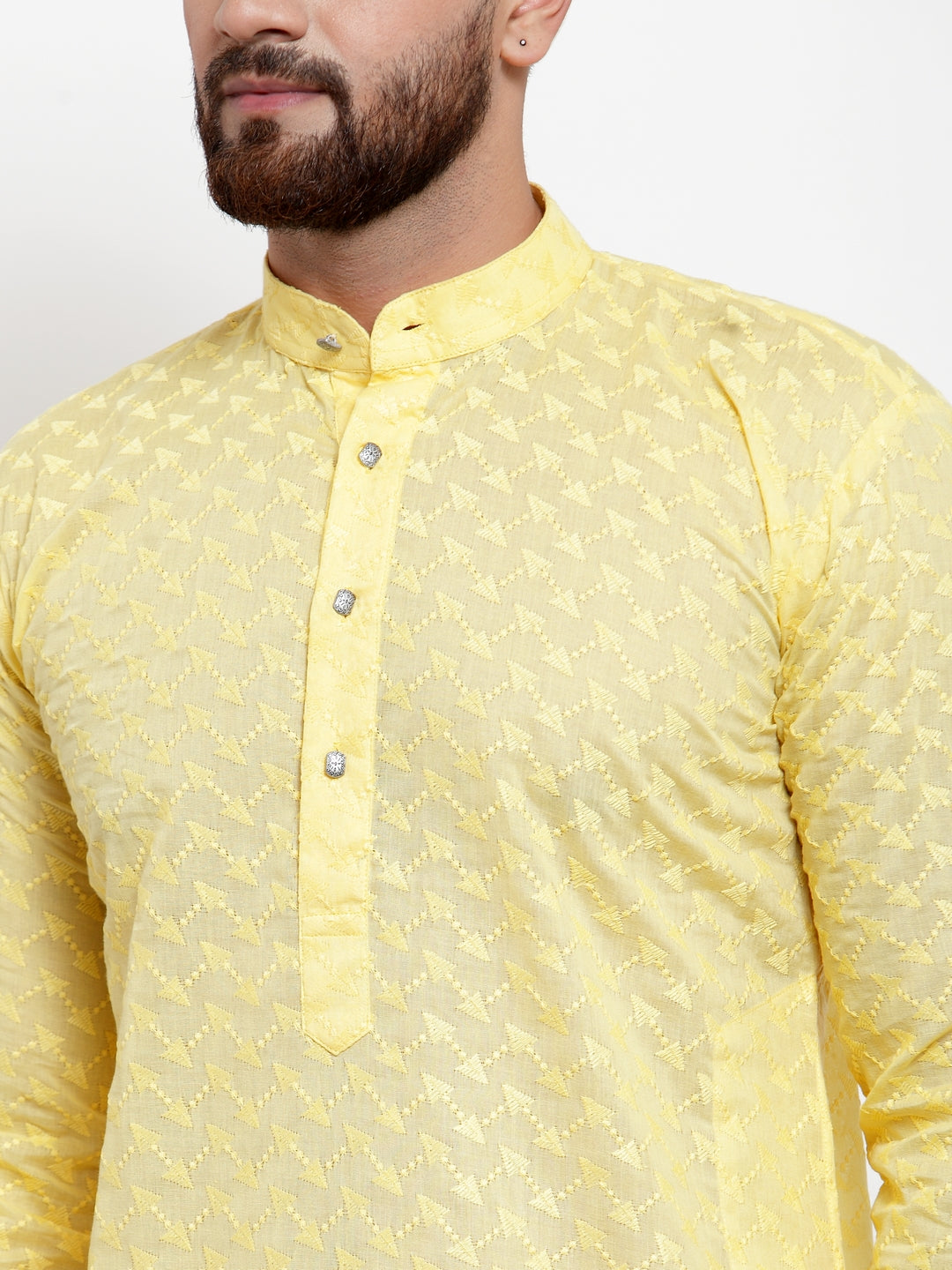 Jompers Men Yellow Chikan Kurta with Churidar | Grocsy