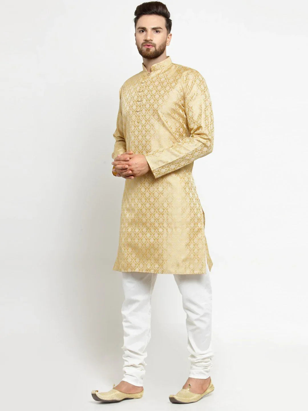 Jompers Men's Golden Self Design Kurta with Churidar | Grocsy