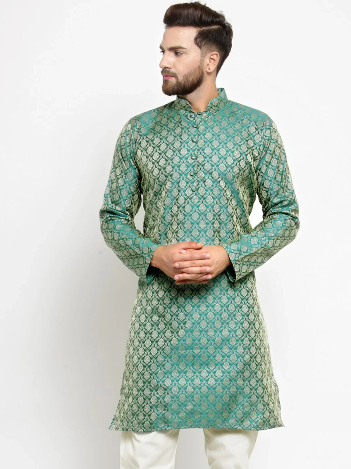 Jompers Men's Green & Beige Self Design Kurta Only | Grocsy
