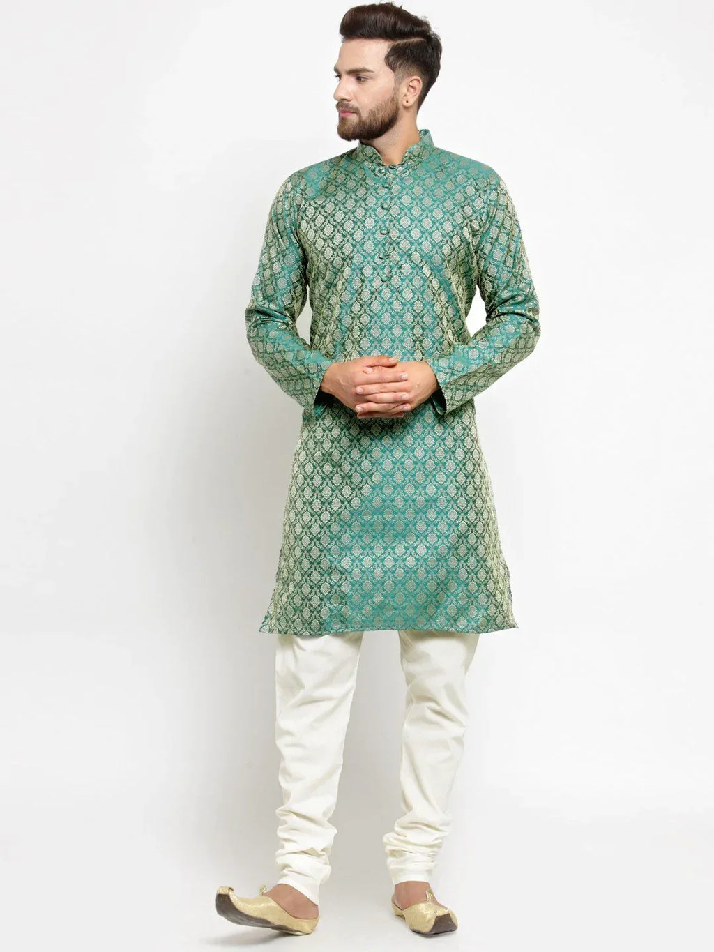 Jompers Men's Green & Beige Self Design Kurta with Churidar | Grocsy