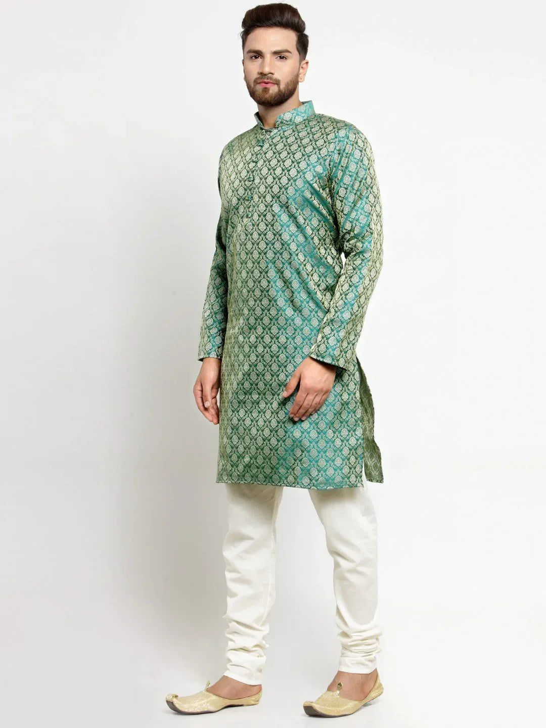 Jompers Men's Green & Beige Self Design Kurta with Churidar | Grocsy