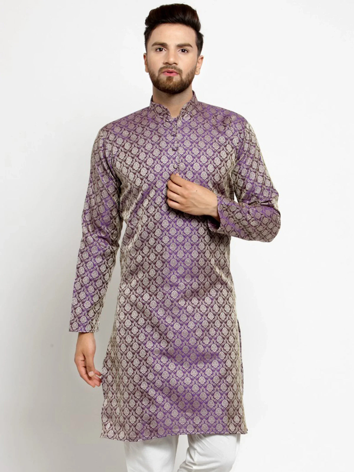 Jompers Men's Purple & Beige Self Design Kurta Only | Grocsy