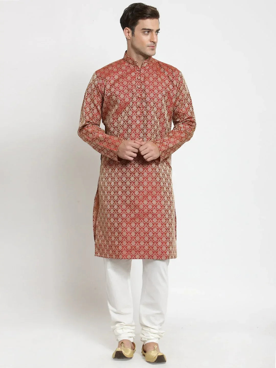 Jompers Men's Red & Beige Self Design Kurta Only | Grocsy