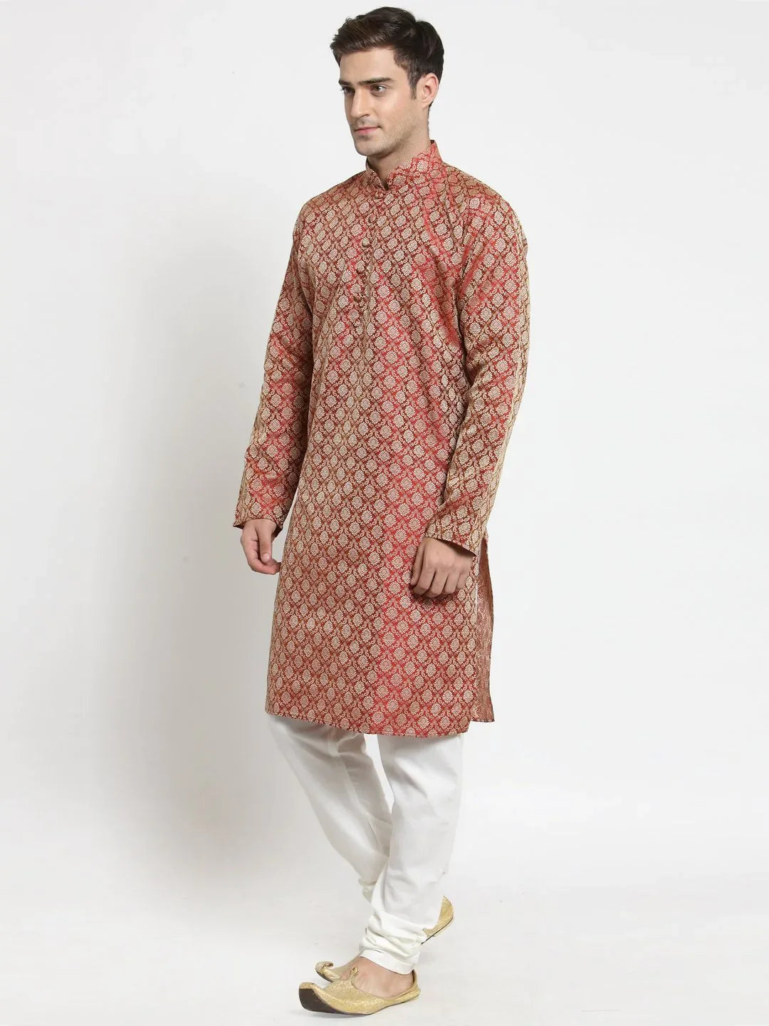 Jompers Men's Red & Beige Self Design Kurta with Churidar | Grocsy