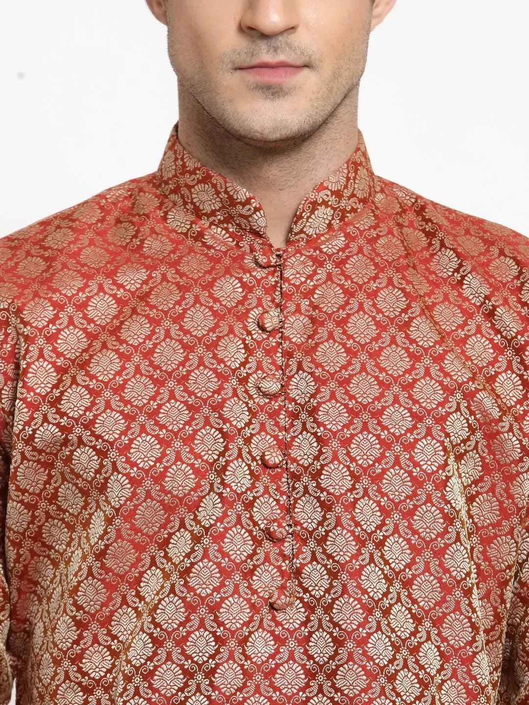 Jompers Men's Red & Beige Self Design Kurta with Churidar | Grocsy