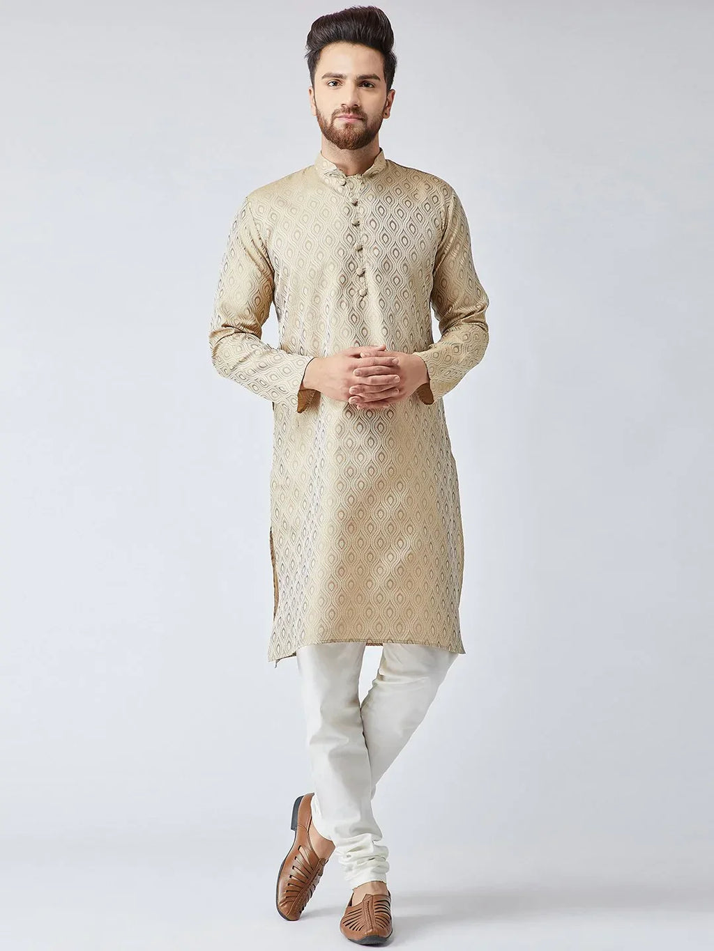 Jompers Men's Beige & Off-White Self Design Kurta with Churidar | Grocsy