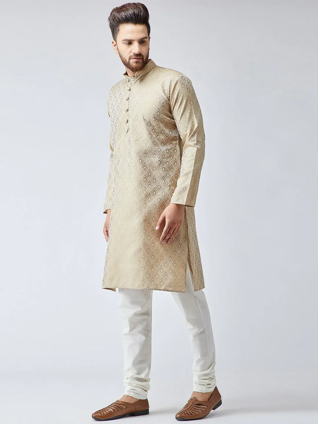 Jompers Men's Beige & Off-White Self Design Kurta with Churidar | Grocsy