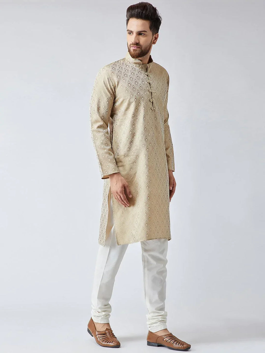 Jompers Men's Beige & Off-White Self Design Kurta with Churidar | Grocsy