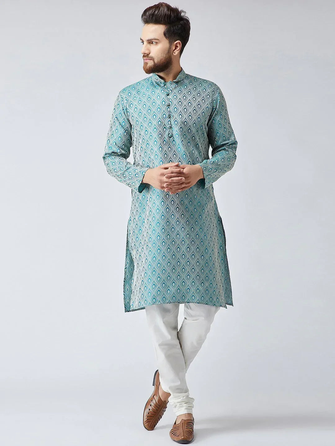 Jompers Men's Green & Off-White Self Design Kurta Only | Grocsy