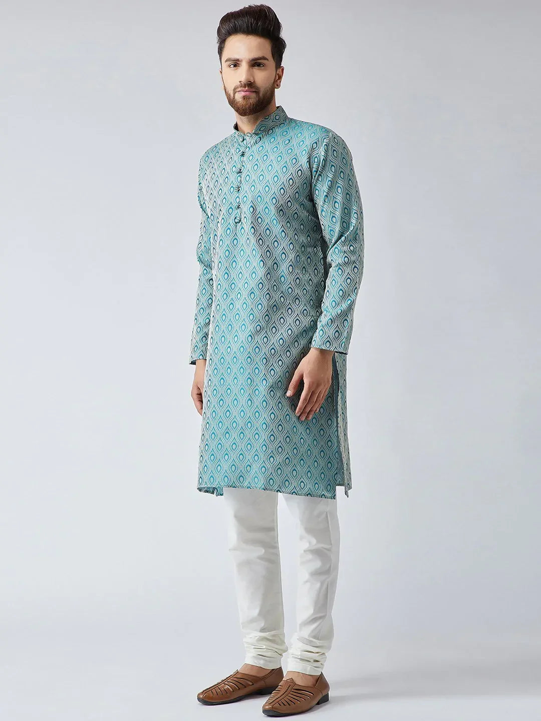 Jompers Men's Green & Off-White Self Design Kurta Only | Grocsy