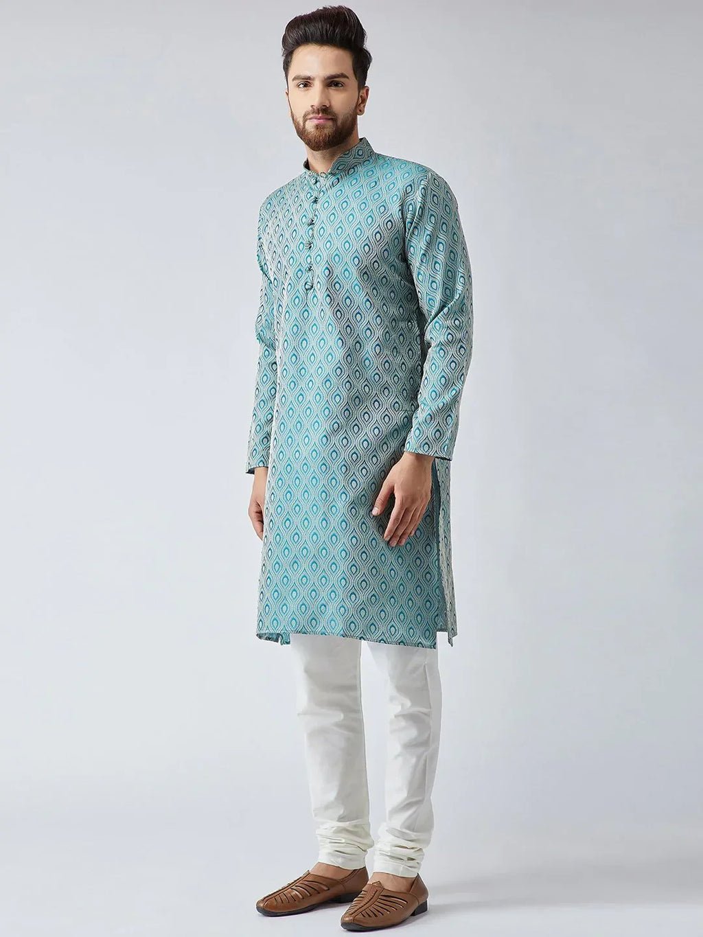 Jompers Men's Green & Off-White Self Design Kurta with Churidar | Grocsy