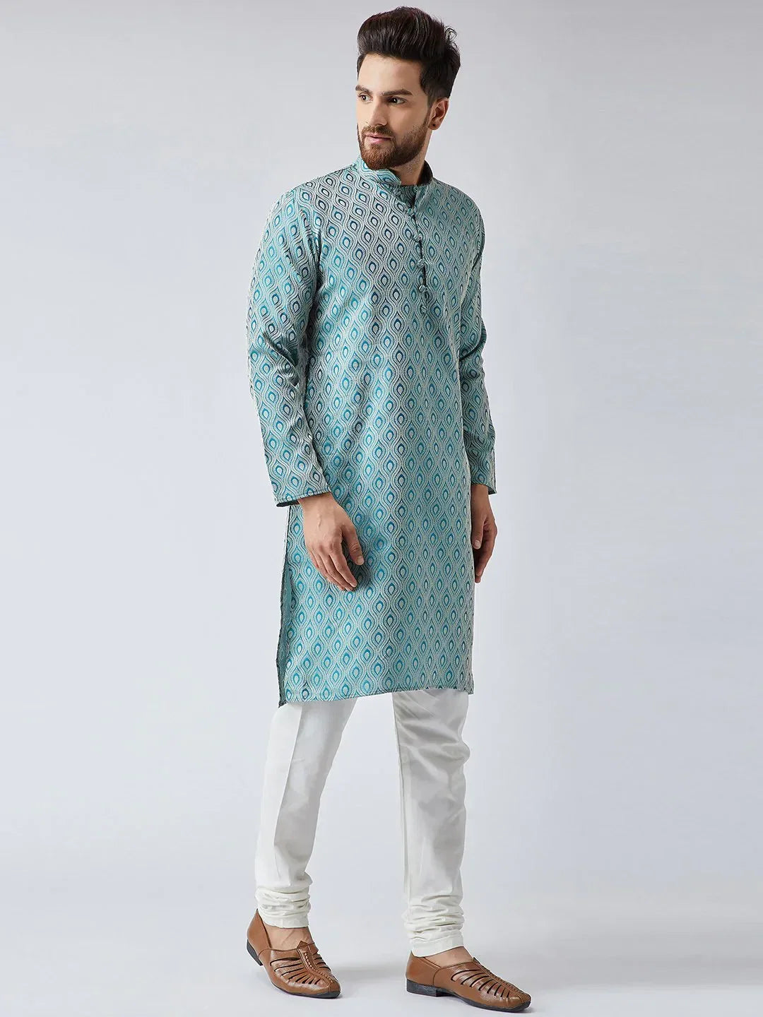 Jompers Men's Green & Off-White Self Design Kurta with Churidar | Grocsy