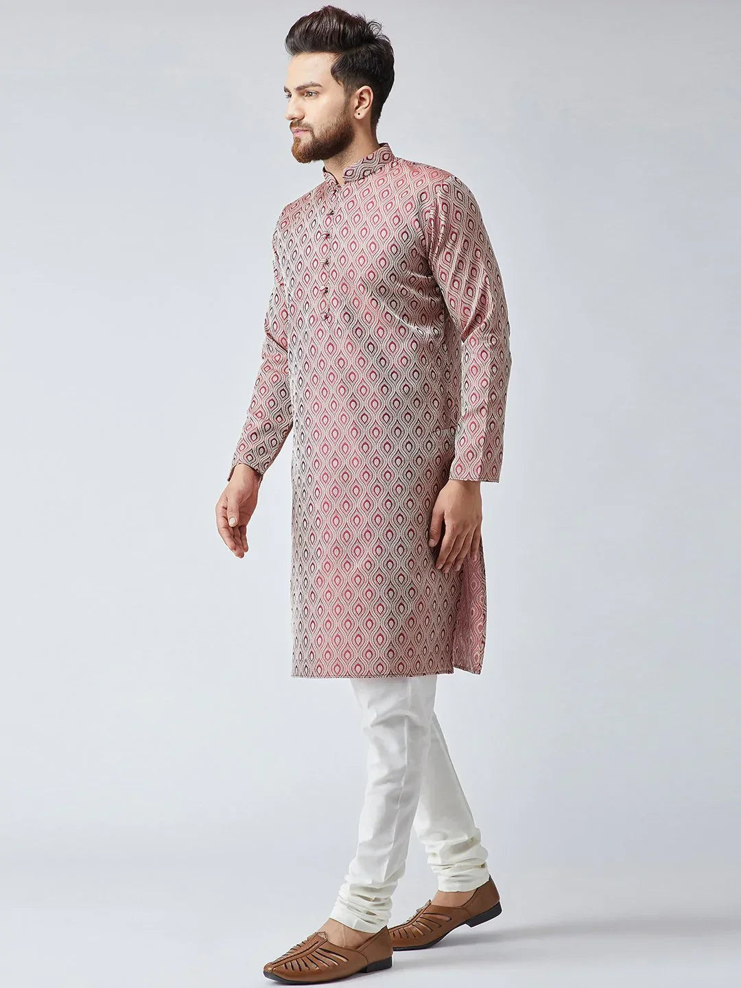 Jompers Men's Maroon & Off-White Self Design Kurta with Churidar | Grocsy