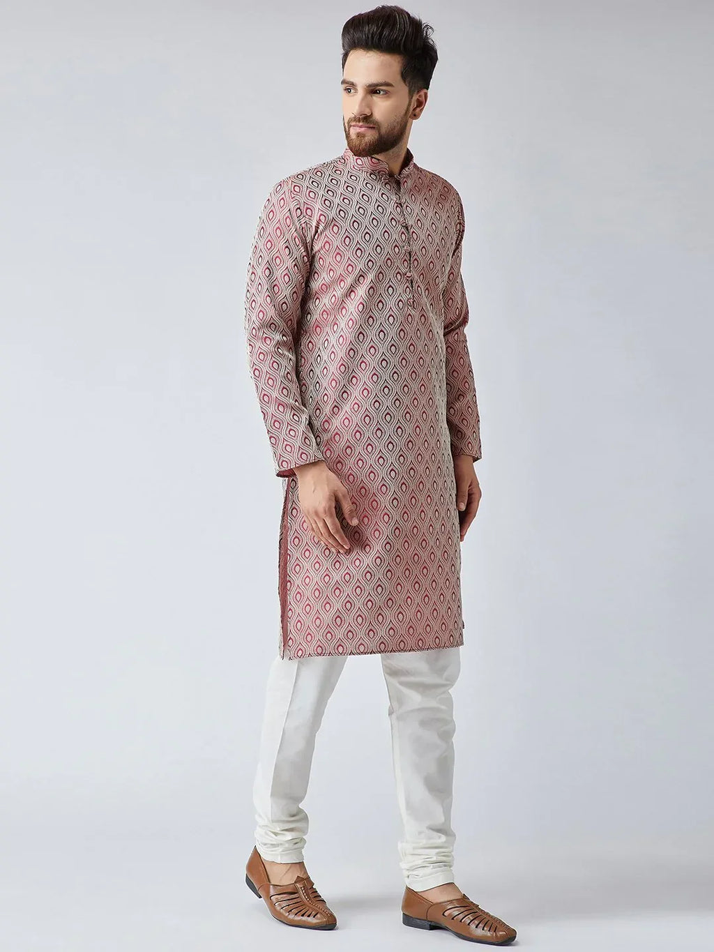 Jompers Men's Maroon & Off-White Self Design Kurta with Churidar | Grocsy
