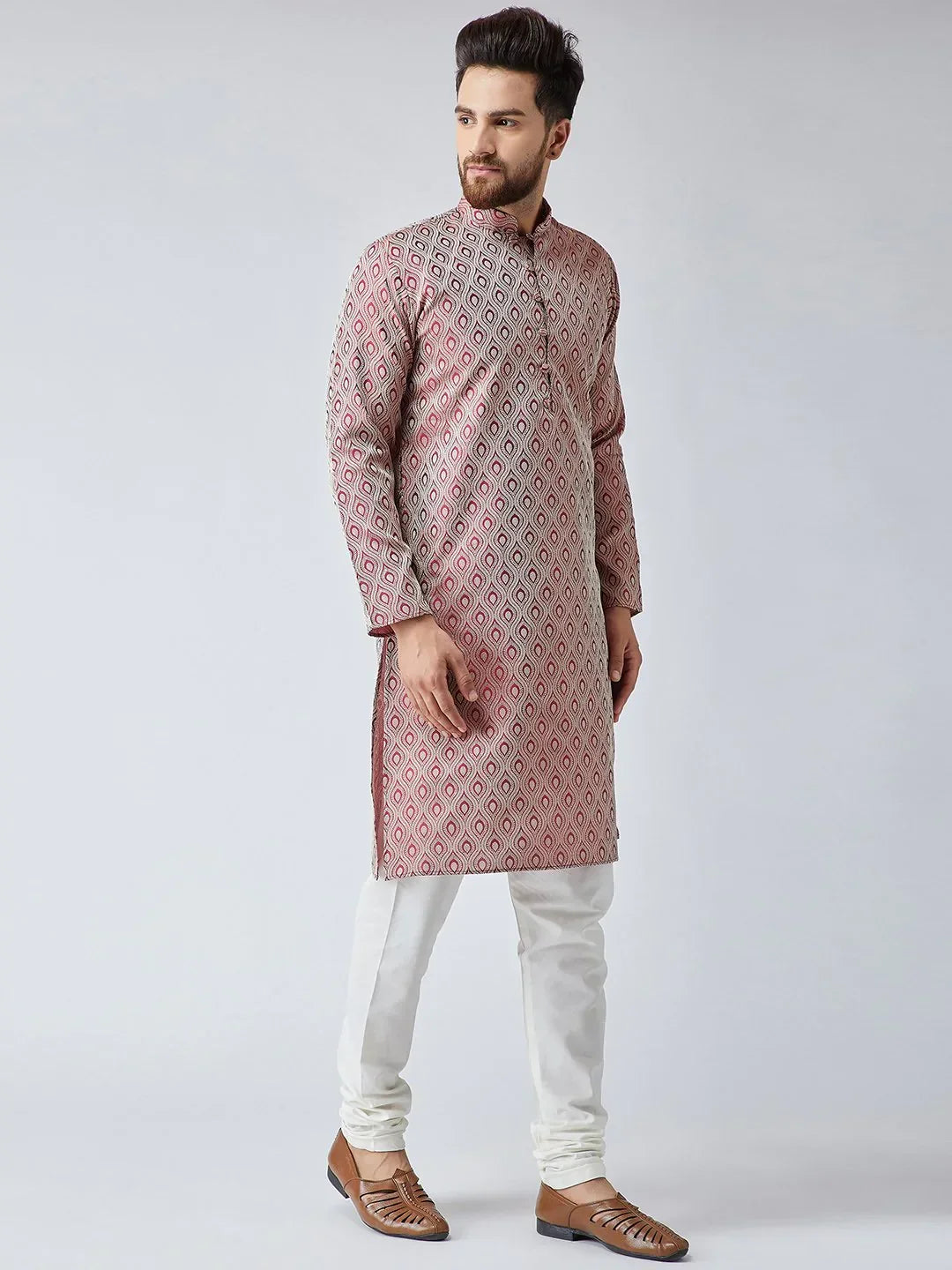 Jompers Men's Maroon & Off-White Self Design Kurta with Churidar | Grocsy