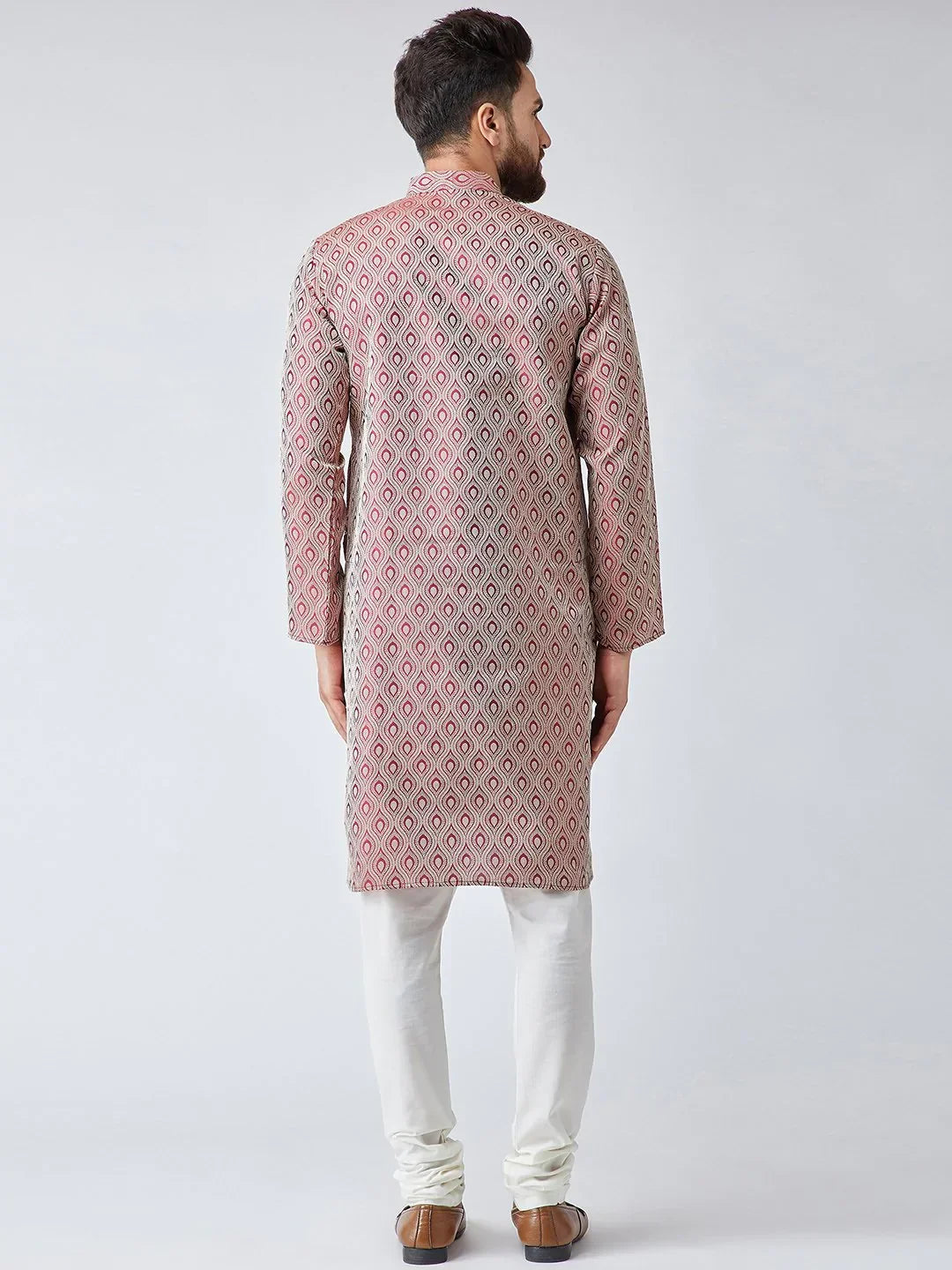 Jompers Men's Maroon & Off-White Self Design Kurta with Churidar | Grocsy
