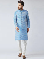 Jompers Men's Sky Blue & Off-White Self Design Kurta with Churidar | Grocsy