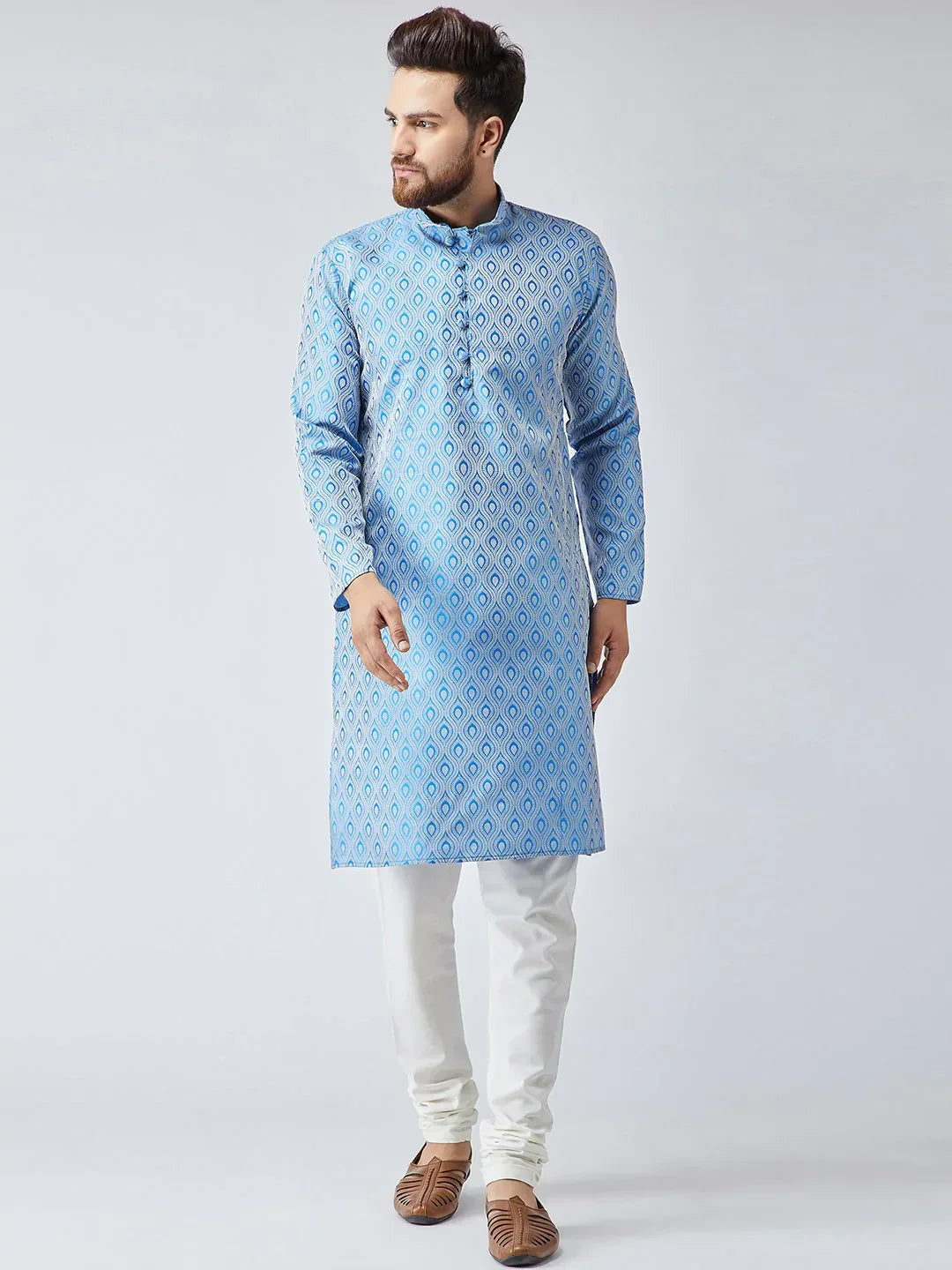 Jompers Men's Sky Blue & Off-White Self Design Kurta with Churidar | Grocsy
