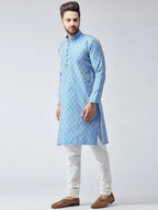 Jompers Men's Sky Blue & Off-White Self Design Kurta with Churidar | Grocsy