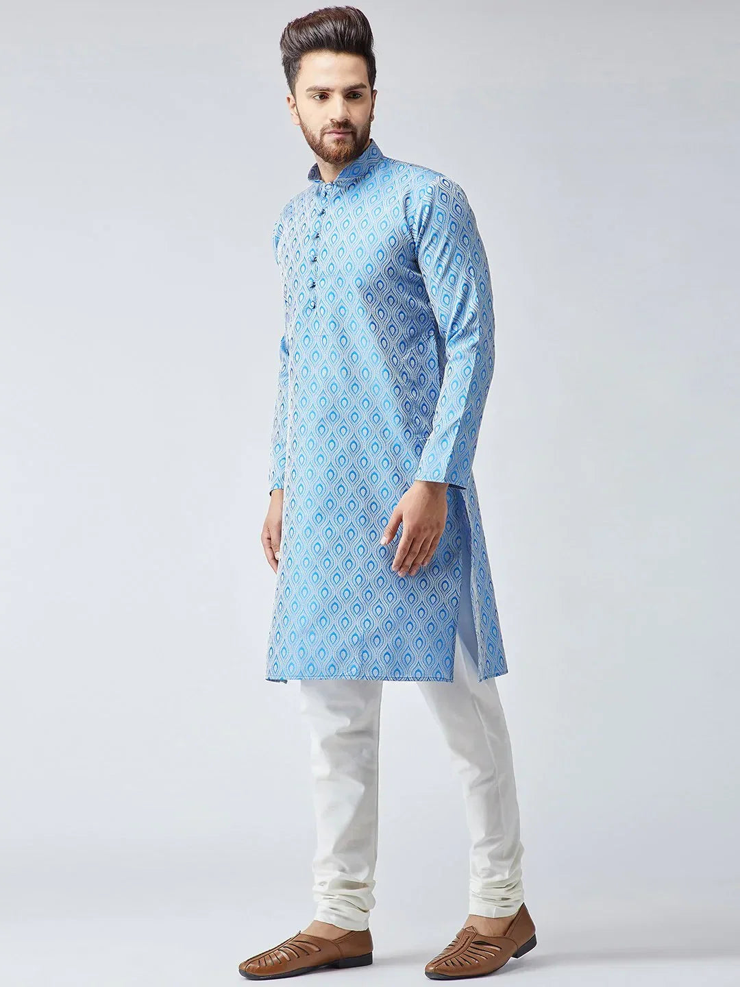 Jompers Men's Sky Blue & Off-White Self Design Kurta with Churidar | Grocsy