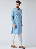 Jompers Men's Sky Blue & Off-White Self Design Kurta with Churidar | Grocsy