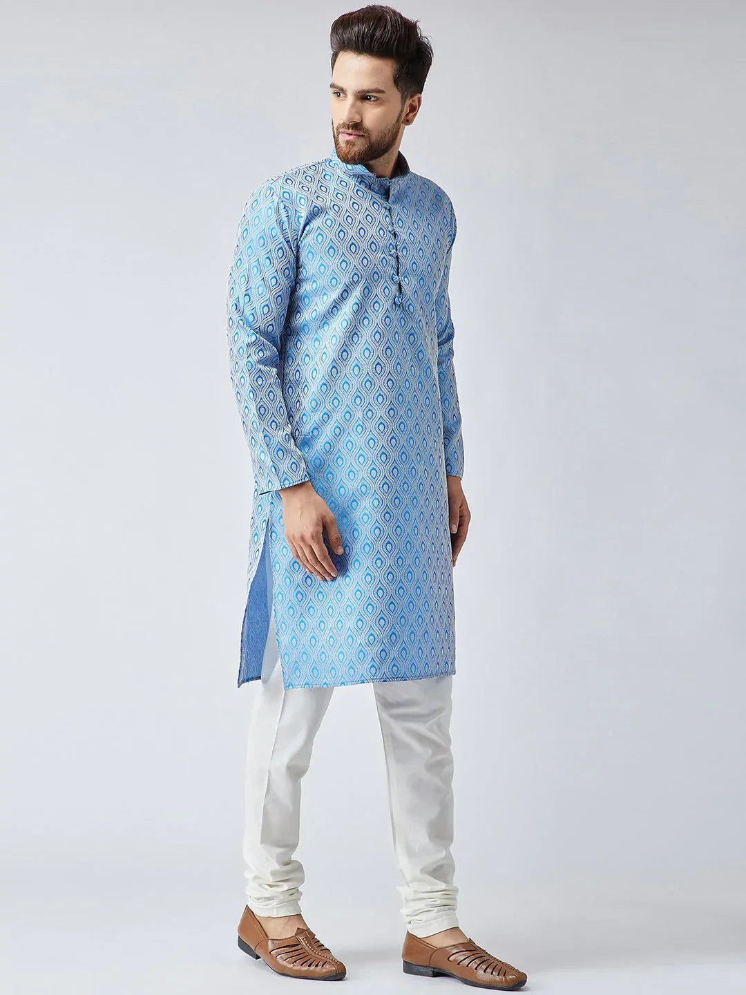 Jompers Men's Sky Blue & Off-White Self Design Kurta with Churidar | Grocsy