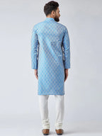 Jompers Men's Sky Blue & Off-White Self Design Kurta with Churidar | Grocsy