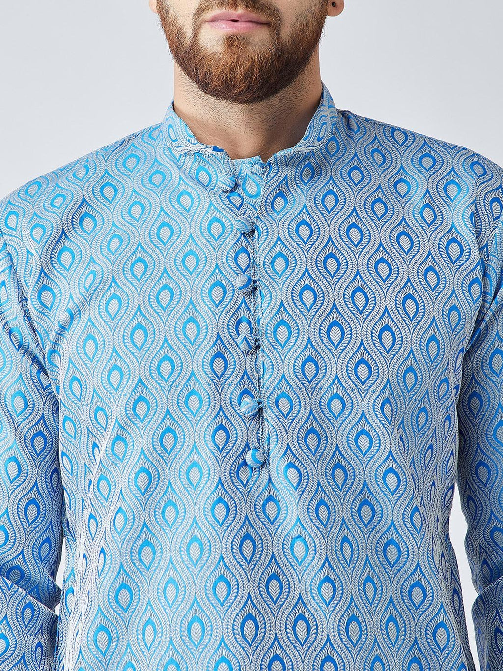 Jompers Men's Sky Blue & Off-White Self Design Kurta with Churidar | Grocsy