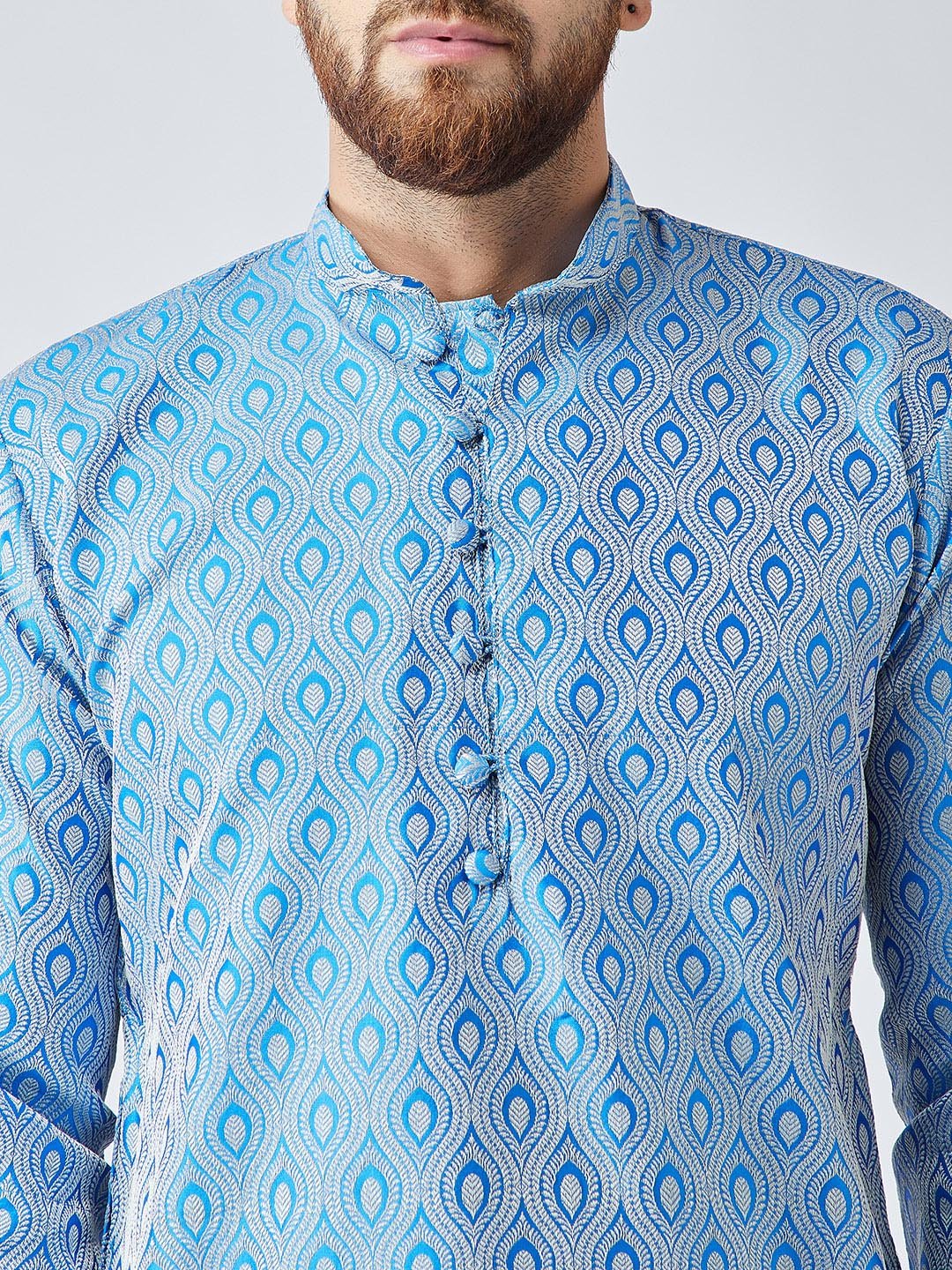 Jompers Men's Sky Blue & Off-White Self Design Kurta with Churidar | Grocsy