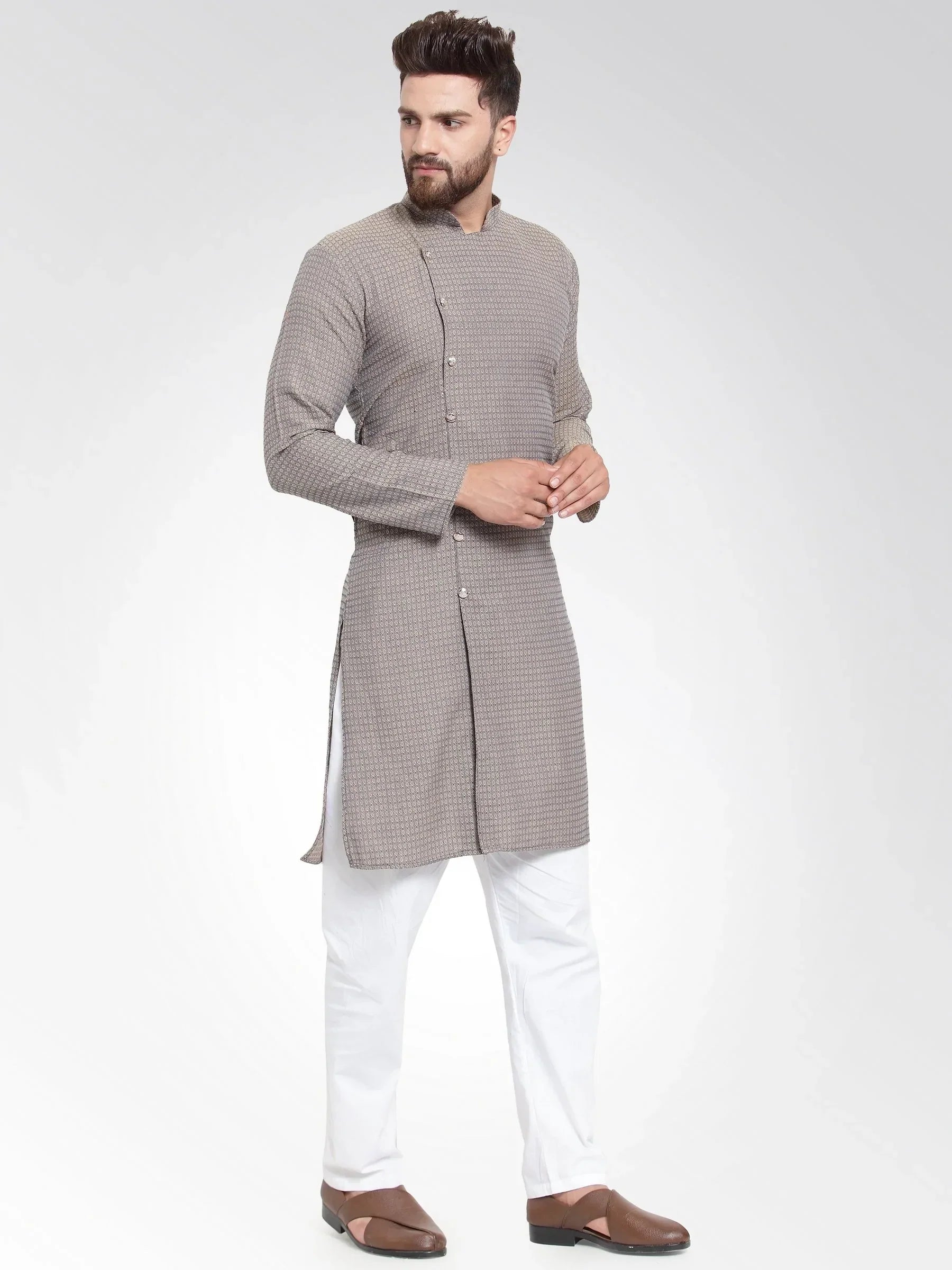 Jompers Men's Grey Self Design Kurta with Pajama | Grocsy