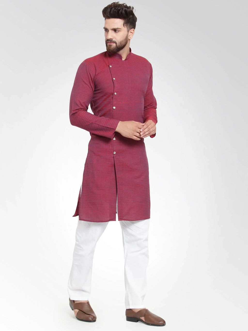 Jompers Men's Maroon Self Design Kurta with Pajama | Grocsy