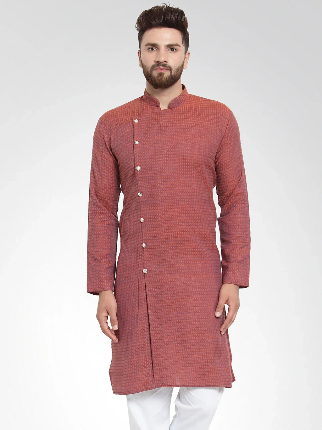 Jompers Men's Red Self Design Kurta Only | Grocsy